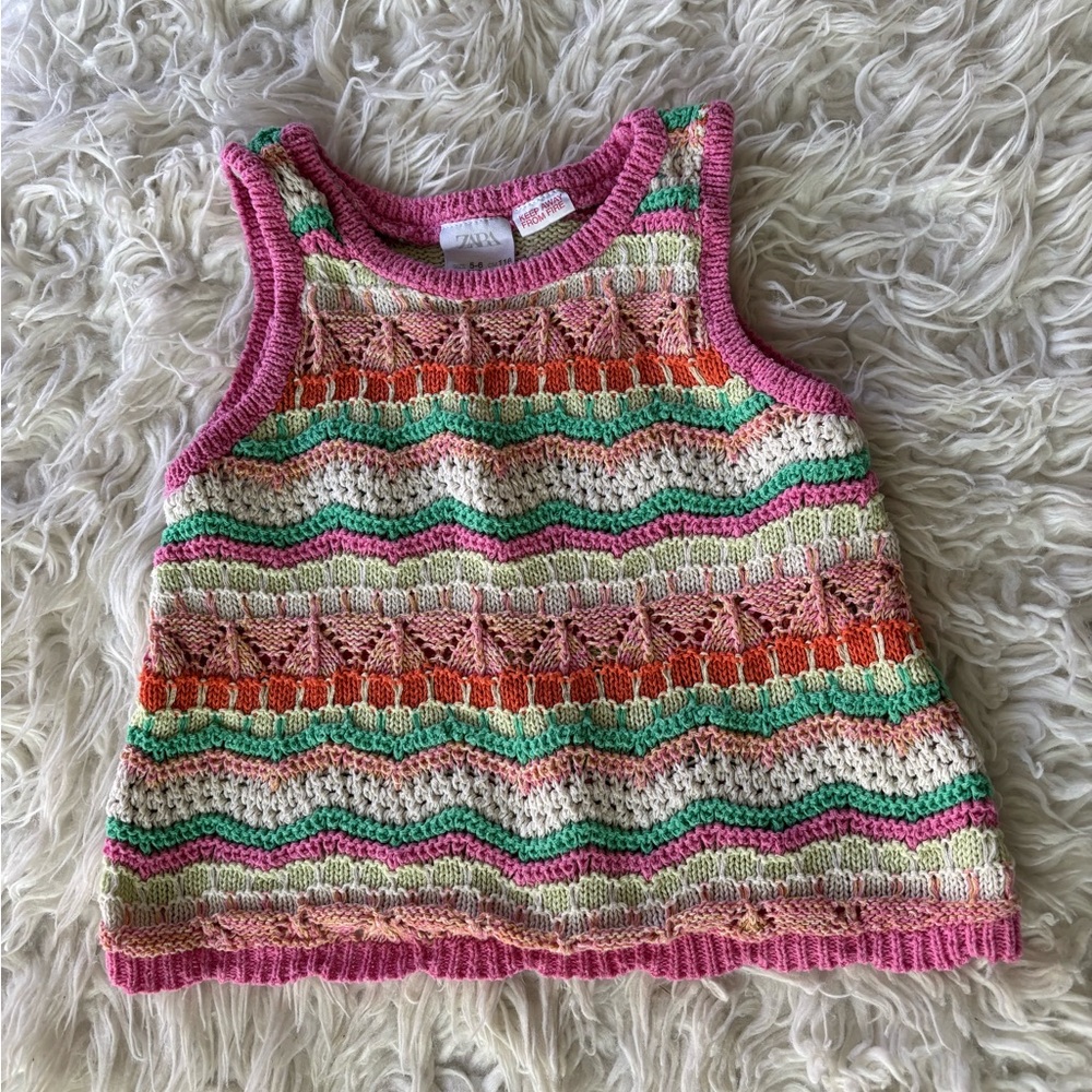 Zara Pink and Green Knit Tank Top with Striped Pattern